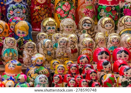 TRAKAI, LITHUANIA - JUNE 22: Colorful Russian wooden nesting dolls are displayed at a market in Trakai on June 22, 2013 in Trakai. These matryoshkas are a very popular souvenir among tourists.