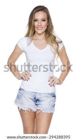 Young beautiful female with blank white shirt, front and back. Ready for your design or artwork.