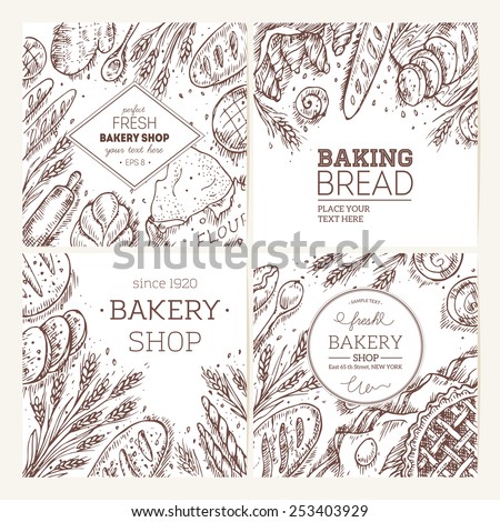 Set of sketched bakery frames. Bread collection. Vector illustration.