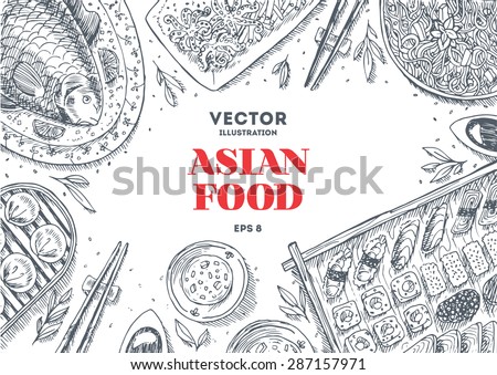 Asian Food Frame. Linear graphic. Vector illustration