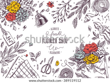 Flower shop. Linear graphic. Top view vintage illustration