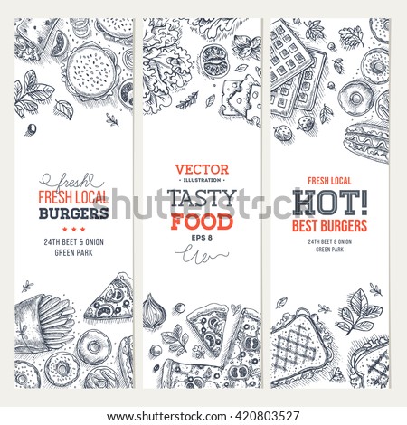 Fast food banner collection. Linear graphic. Snack collection. Junk food cafe. Vector illustration