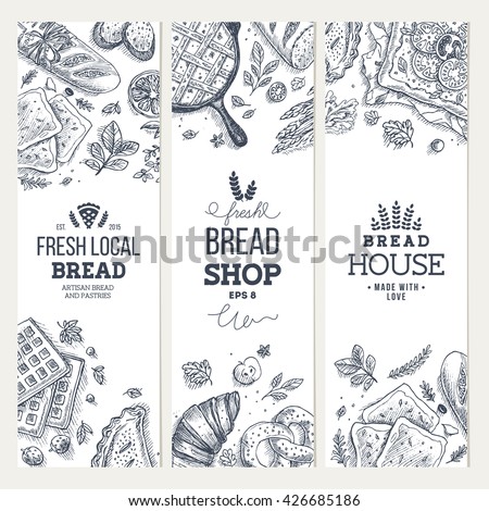 Bakery background. Linear graphic. Bread banner collection. Vertical banner set. Bread and pastry collection. Bread house. Engraved top view illustration. Flat lay. Vector illustration