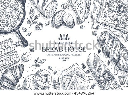 Bakery background. Linear graphic. Bread and pastry collection. Bread house. Engraved top view illustration. Flat lay. Vector illustration