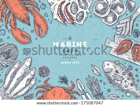 Sea food top view illustration. Fish restaurant table background. Engraved style illustration. Hero image. Vector illustration