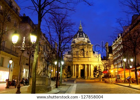 One of the most famous european universities with it\'s surrounding buildings, cafÃ?Â©s and stores in Paris, France / Sorbonne university by night, Paris France