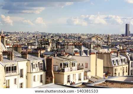 Parisian roof-tops. Late afternoon view from one of the roof-top terraces in the 18th arrondissements of Paris.