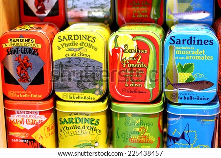 HYERES, FRANCE - JULY 7 : Colorful tins of sardines sold in the southern town of France, Hyeres as a main tourist take away present on July 7th, 2012.