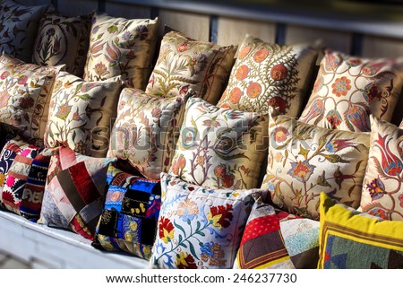 Colorful Turkish design cushions at Grand Bazaar in Istanbul, Turkey