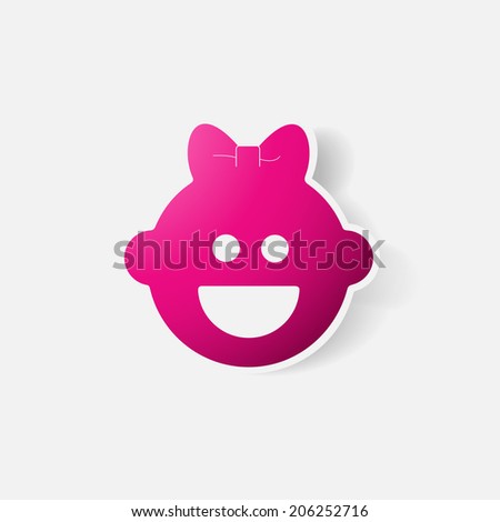 Paper clipped sticker: baby face girl. Isolated illustration icon