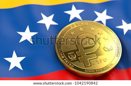Golden Petro concept coin on Venezuelan flag. Petro - the cryptocurrency of Venezuela concept. 3D Rendering