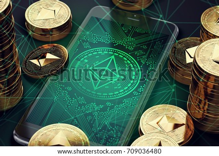 Smartphone with Ethereum symbol on-screen among piles of golden Ethereum coins. Ethereum virtual wallet concept. 3D rendering