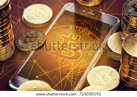 Smartphone with Bitcoin on-screen among piles of Bitcoins. Bitcoin in danger concept. 3D rendering