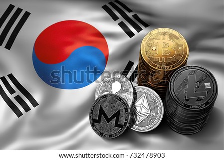 Stack of Bitcoin, Ethereum, Litecoin, Ripple and Monero coins on South Korean flag. Situation of Bitcoin and other cryptocurrencies in South Korea concept. 3D Rendering