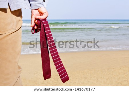 businessman from behind on the beach with his tie in his hand