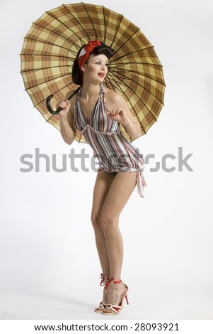 stock photography models. stock photo : Model with umbrella isolated on white background