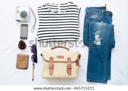 woman summer clothes collage on white,camera,bag,phone, flat lay, top view