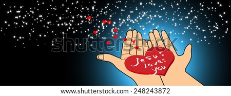 Hands holding a heart with stars-Jesus loves you-Vector illustration