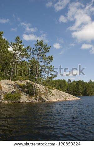 Nature scenic on a northern lake - rock point with pine trees, blue sky and fluffy clouds.
