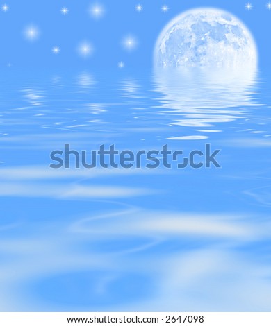 Moon and stars reflecting in water