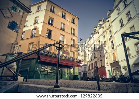 Corner of little streets in Montmartre, Paris, seen from the top of a typical staircase. This was the set of the movie \