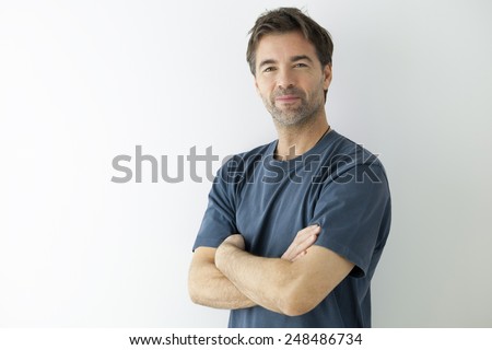 Portrait of an handsome man arms crossed.This photography was made with a professional model and  others professionals to reach this quality from a raw.
