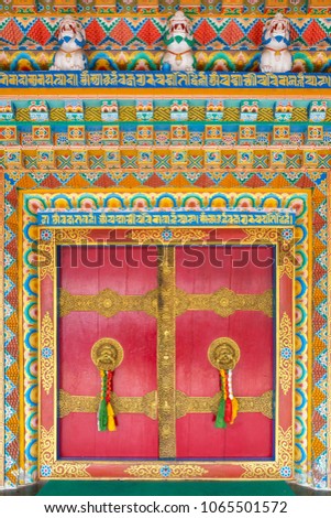 Beautiful doors with golden door handle in the Rumtek Monastery in Gangtok, india. Architecture detail close-up