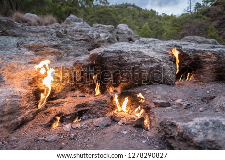Flames of Chimera Mount from the underground. Fire from the natural gas in the rocks in Cirali, Turkey.