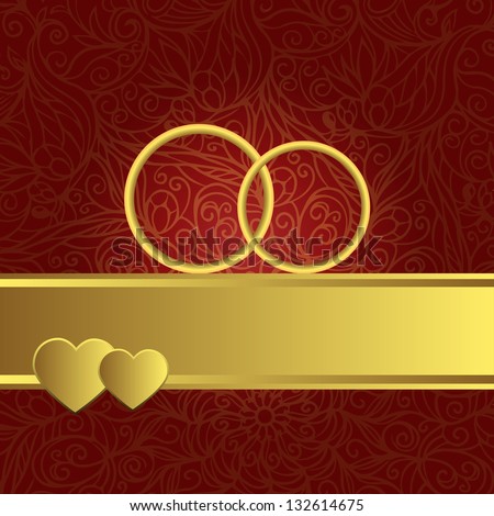 Red ornamental wedding background with gold wedding rings, hearts, ribbon and  text field - raster version