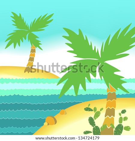 Sea beach landscape with palms - vector