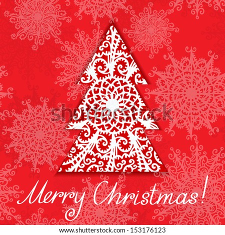 Holiday background with christmas tree, snowflakes and text Merry Christmas - vector