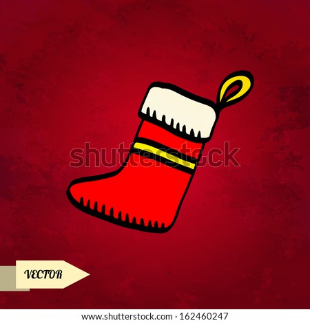 Holiday Christmas background with simple sketch icon Christmas stocking isolated on grunge paper texture background. Doodle cartoon drawing illustration. Vintage. Retro style - vector