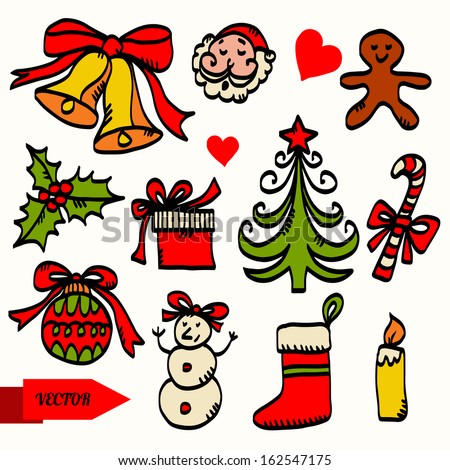 Holiday Christmas set sketch icon Christmas bells, Santa Claus, heart, Gingerbread Man, holly berry, gift box, Christmas tree, candy cane, Christmas ball, Christmas Stocking, candle isolated - vector
