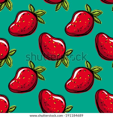 Seamless pattern with strawberry on green background. Endless print texture. Food. Fruit. Berry. Simple. Scribble. Cartoon hand drawing illustration - vector
