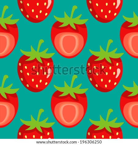 Seamless pattern with strawberry on green background. Endless print texture. Food. Fruit. Berry. Simple. Cartoon hand drawing illustration - vector