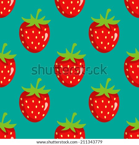Seamless pattern with strawberry on green background. Endless print texture. Food. Fruit. Berry. Simple. Cartoon hand drawing illustration. Fabric design. Wallpaper - raster version
