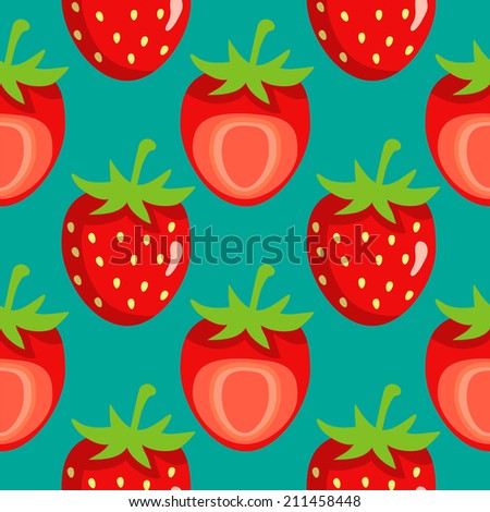 Seamless pattern with strawberry on green background. Endless print texture. Food. Fruit. Berry. Simple. Cartoon hand drawing illustration -  raster version