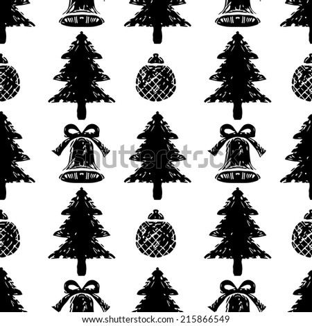 Holidays winter seamless pattern with Christmas tree, bells and balls. Abstract print ornament. Repeating background texture. Fabric design. Wallpaper - vector
