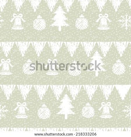 Holidays winter seamless pattern with Christmas tree, flags, snowflakes, bells and balls. Abstract print ornament. Repeating background texture. Fabric design. Wallpaper