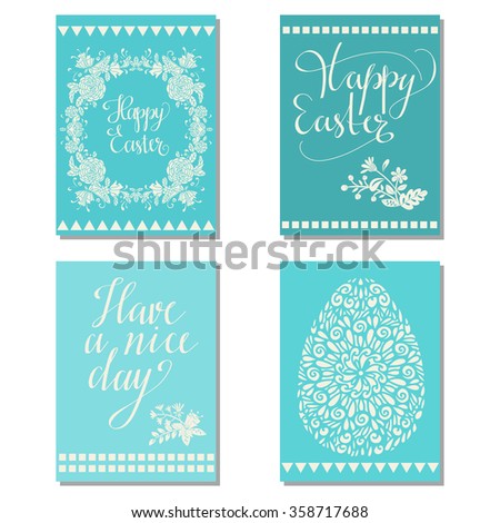 Holiday Easter cards set design with text, egg, flowers