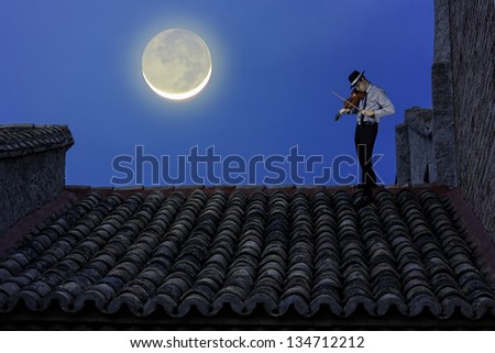 man playing violin in the light of the moon