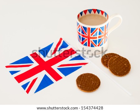 English cup of tea and chocolate digestive biscuits with british flag