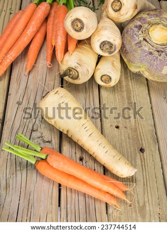 carrots swede and parsnips against aged wooden background european winter root crops