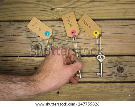 life choices concept: old keys hanging on rusty nails against wooden background with labels love, wealth and happiness and a mans hand choosing the key to wealth