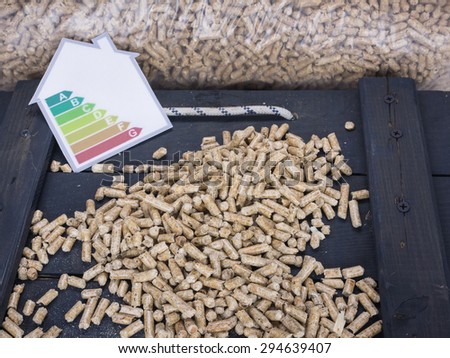 wood pellets on a trap door with wood pellet  store and energy label behind