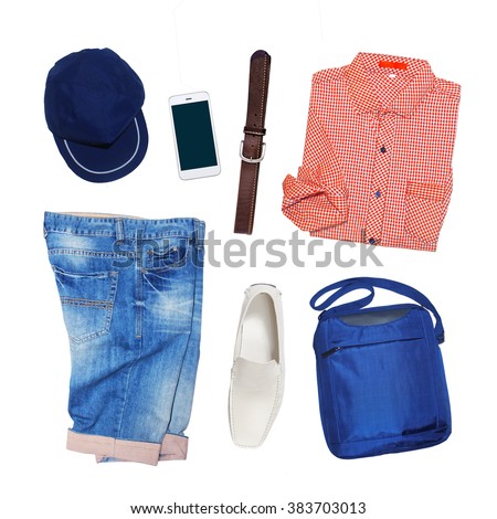 collection collage of men's clothing isolated white background