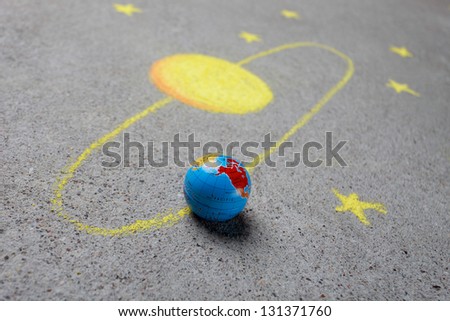 Chalk drawing of sun and a globe