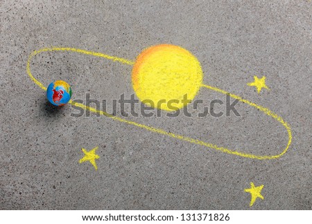 Chalk drawing of sun, stars and earth