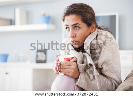 Sick Woman, Flu Woman. Caught Cold. Woman feeling cold