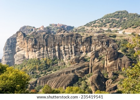 Monasteries build on top of sandstone ridge, Meteora, Greece